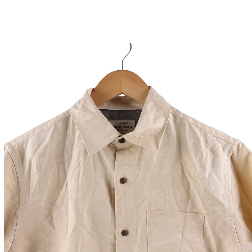 Quiksilver‎ Waterman Collection Mens S Short Sleeve Button Up Shirt Beige Silk